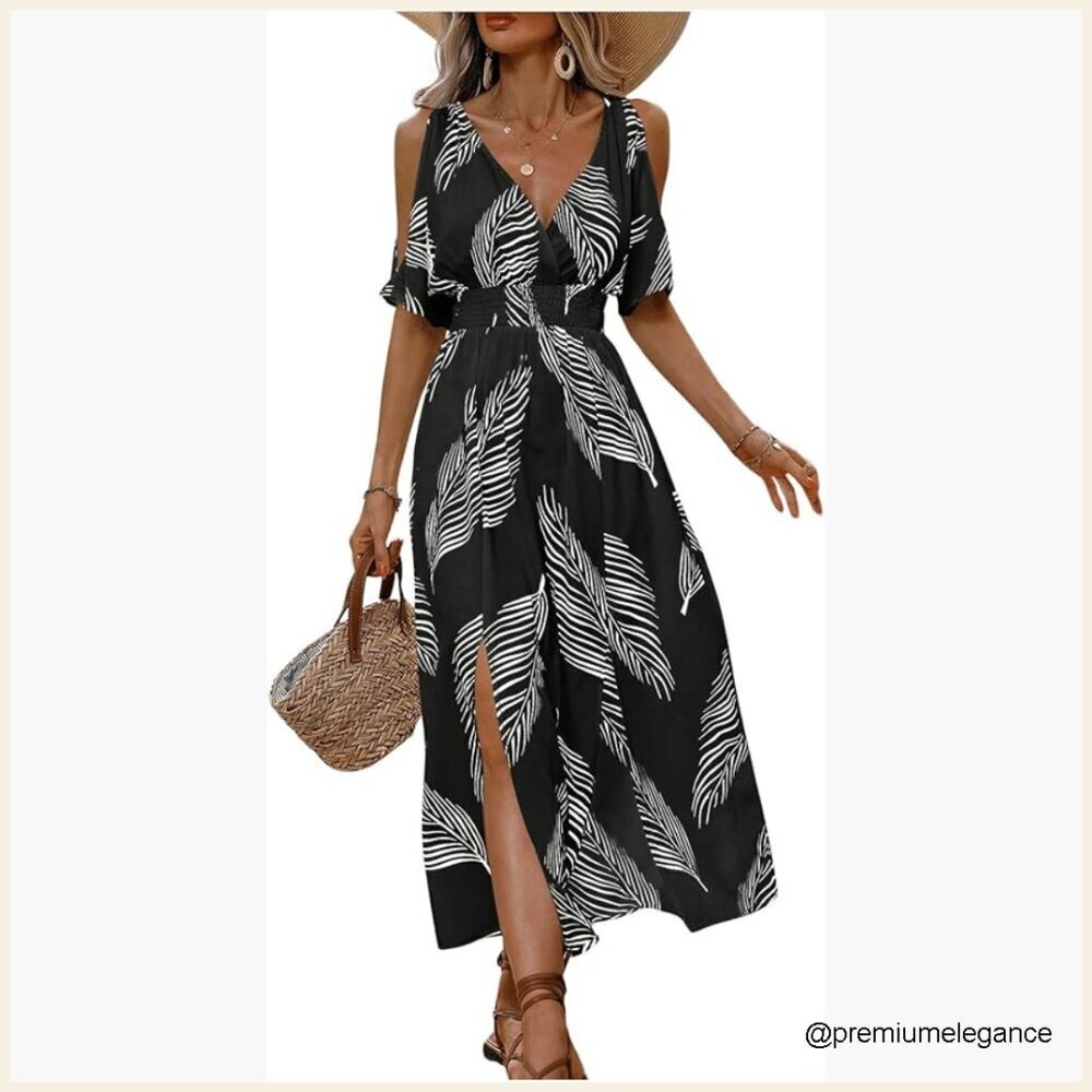 Maxi Dress Cold Shoulder V-Neck High Waist Slit Hem Summer Beach Vacation